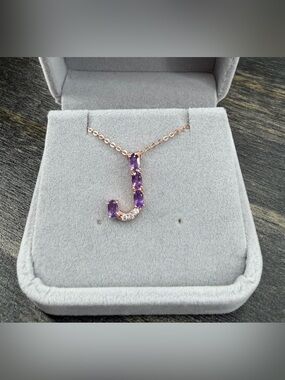 Stunning Natural Amethyst Initial J  in 18K Rose Gold 20” Pendant Necklace